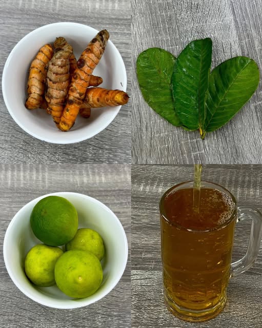 Bebida natural de cúrcuma, hojas de guayaba y limón